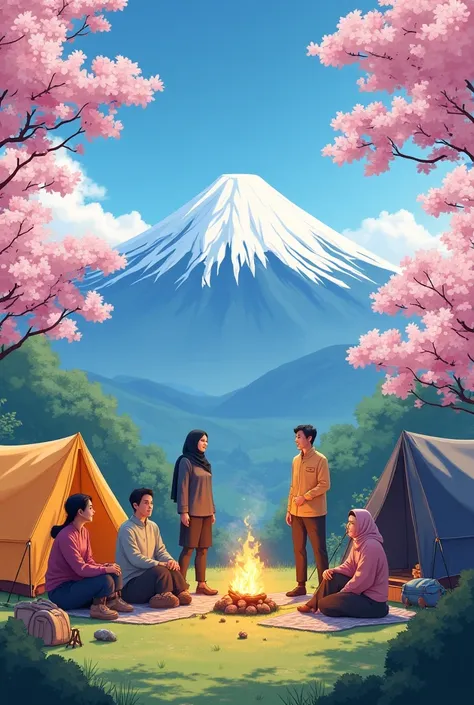 2 male agers, 3 female agers, one female, 1 Muslim, camping together, with a backdrop view of Mt. Fuji and cherry trees