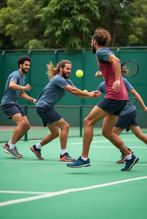 Can you create a photo for me of a team of 4 people on a padel court where one person passes a foam ball to another person