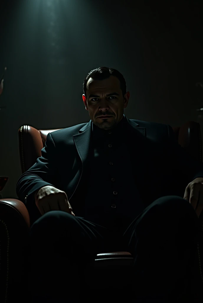 mafia member sitting in dark room with lights, zoom in mafia member