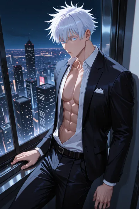  1 man, male focus, gojou satoru, jujutsu kaisen, blue eyes, white hair, short hair, sexy man, handsome, mature man, cool, high fashion, wearing black suit, open shirt, black pants, In the office, leaning against the window wall, night, cityscape in the ba...