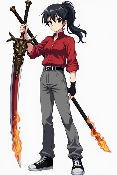 create a male character, Japanese, She wears square , black hair with a ponytail, closed red blouse, gray pants,  black sneakers, you are using a thick-bladed sword with flame and dragon details, You are wearing a finger-less glove, anime style. 
