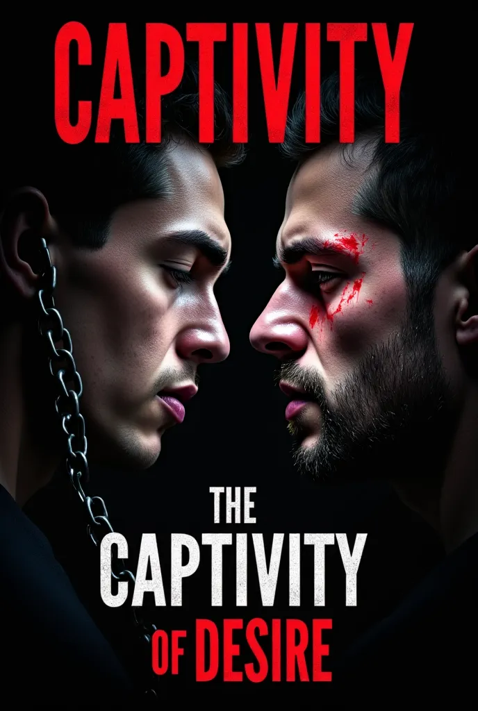 For the cover of "Captivity of Desire", the idea would be to create an image that conveys tension, the conflict and abuse present in the story. Here is a detailed suggestion:

 Central image : Two men in an intense and emotionally charged scene. One of the...