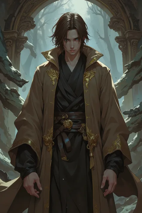 adult man. brown hair. Cold and lifeless faces. anime. Basic brown robe with gold details. Fantasy