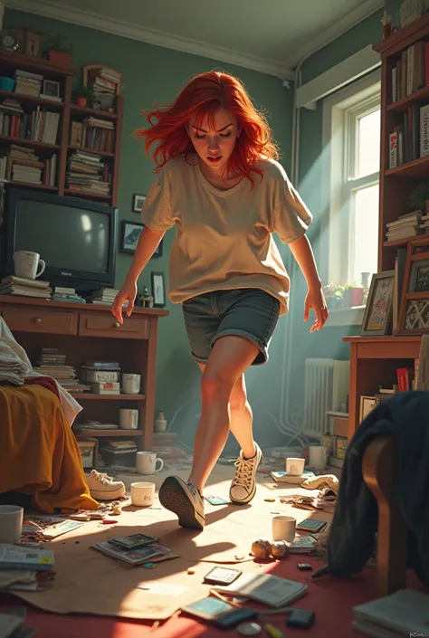 A very cluttered room but not so much for a single lady. In the living room near the sofa there must be a shoe and a red-haired lady wearing only a shabby t-shirt tripping over the shoe. 