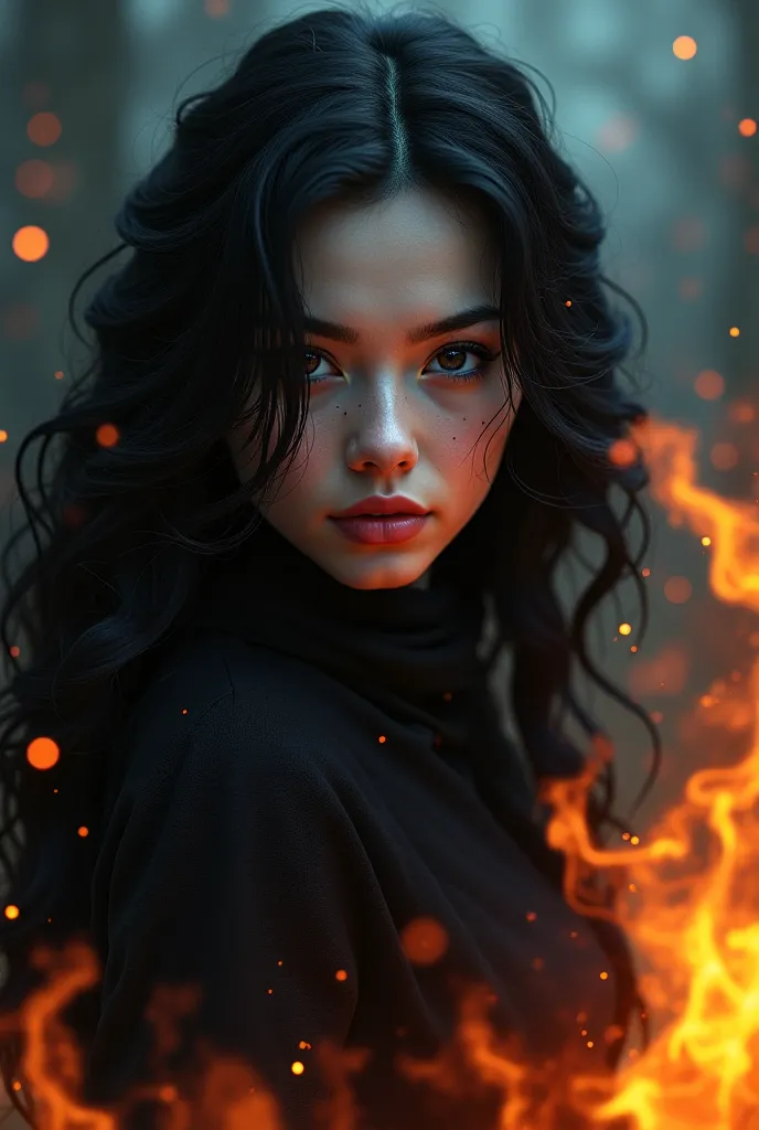 A girl with black eyes and black hair on the background is written by GodVerif, fire background dark background 3d 