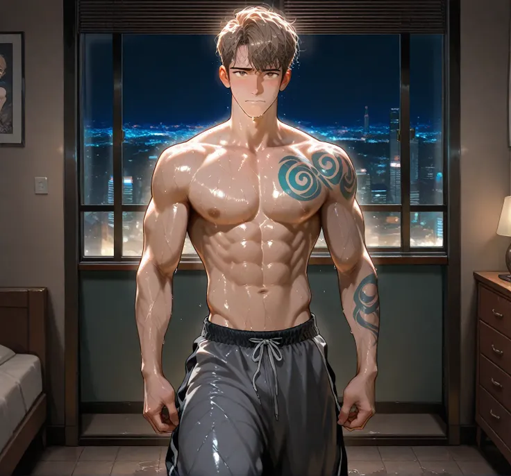 1guy, A guy, topless, floor-to-ceiling windows, wall-to-wall windows bedroom, penthouse, city lights, tall buildings in background, night, stand at attention, sharp jawline, Korean comic style, short hair, dark brown spiky hair, side fade haircut, light br...