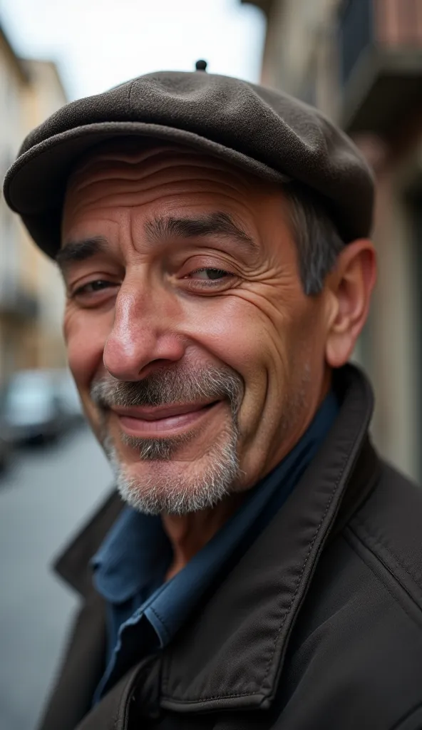 2 eyes of a ager named Adrián wearing a beret, He closed his eyes with a small smile and in the back there is a blurry street. 