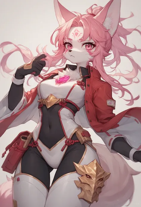 Kimiko, white fur, furry, fox girl, anthro, tied hair, pink hair, pink eyes, face markings, eye scar, bandaid on face, gold symbol on forehead, armored, collared jacket, chest jewel, bodysuit, white thighboots, thigh pouch