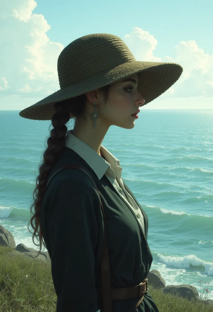 View of the sea　Woman Standing Sideways、Wear a brimmed hat　What is under the hat、Can be seen from neck to foot。