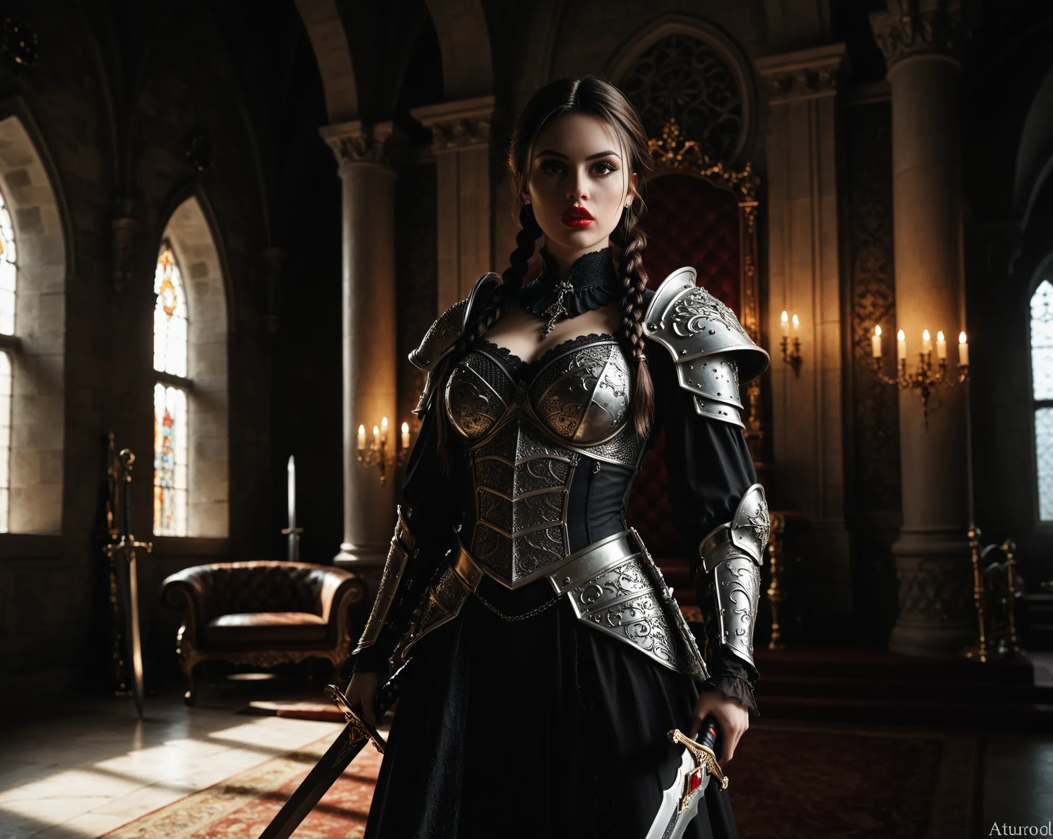 Attractive female warrior, huge breasts, Long dark hair, braids, brown eyes, Super Detailed, High Resolution, dark gothic armour, holding a sword, Jewelry, castle throneroom,  red lipstick, 