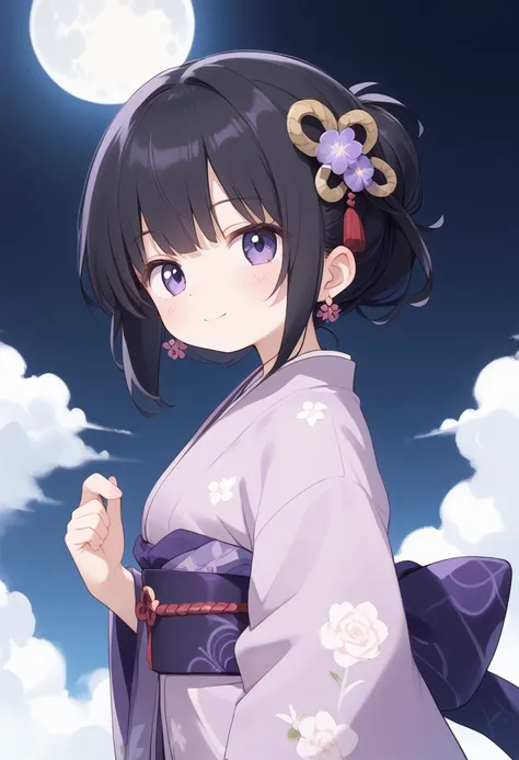 woman、purple retro modern kimono、Kimono with moon decoration、 long straight black hair、 moon hair ornament、 small tits、Full moon in the background