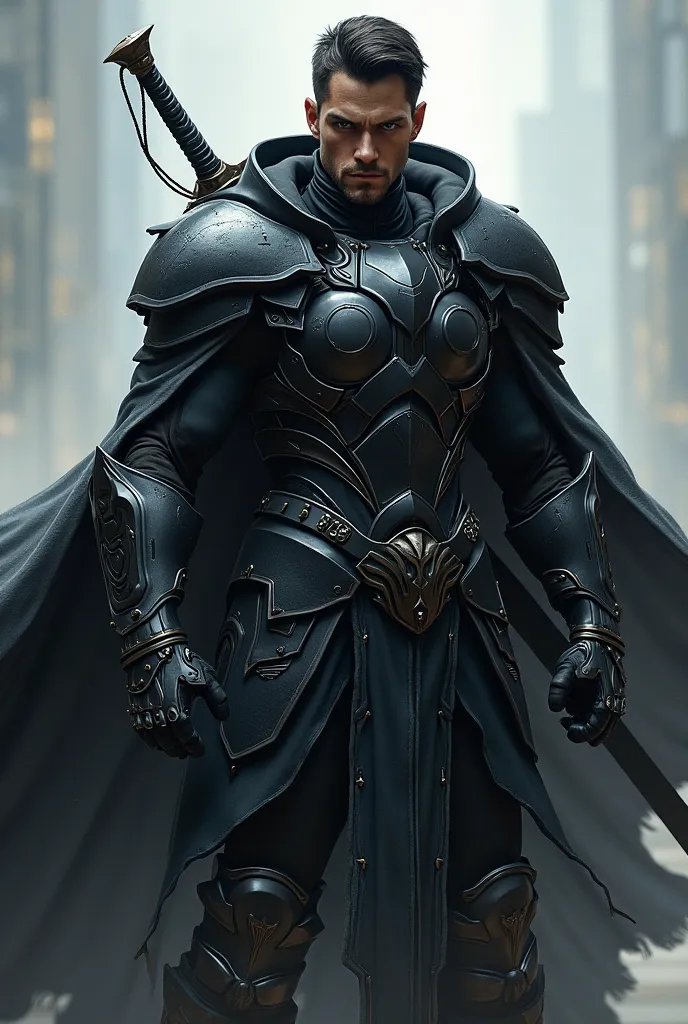 
I need an image of a strong man, dressed in black clothes and armor, a sword on your back, a weapon in his right hand. Your eyes are white,  Her short black hair , thrown back with a white wick. futuristic theme. Black overcoat covering the armor.  in his...