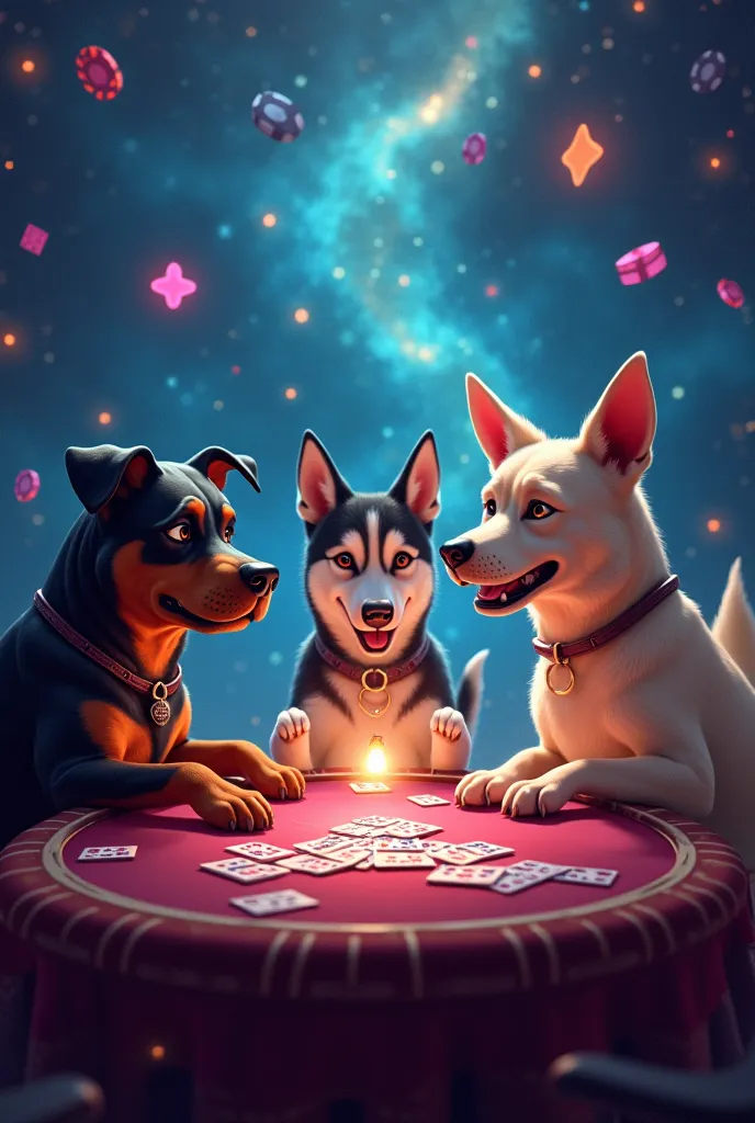 a Rottweiler, a pitbull , a Husky and a Labrador play poker at a cosmic table 