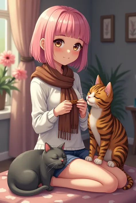 A young woman with pink blunt hair. Knit a small brown scarf with a braid in her hands. Next to her are two cats, one male and one female. One of the cats is gray and sleeps on the left knee while the other cat stands in brown tiger patterns and 4 legs pos...