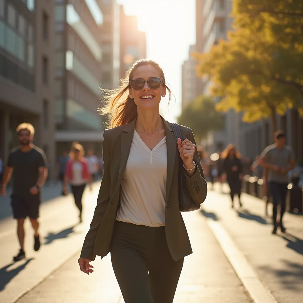 A smiling 35 year old woman walking energetically to work or the gym on a bright Monday morning. He is wearing stylish business casual attire or sporty workout clothes, exuding determination and fresh energy. The city streets are bathed in warm sunlight, w...