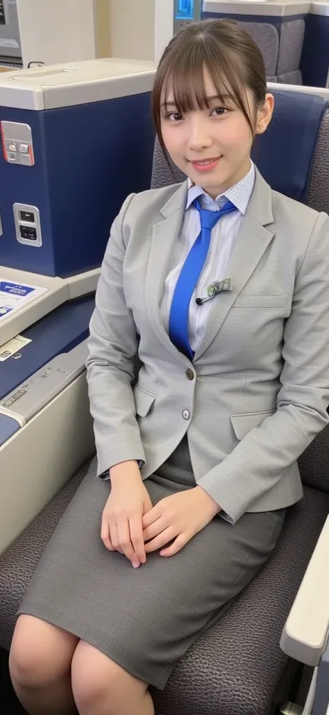 A young and beautiful Japanese female flight attendant sits in her seat in an airplane. Ultra high resolution, super quality photo.