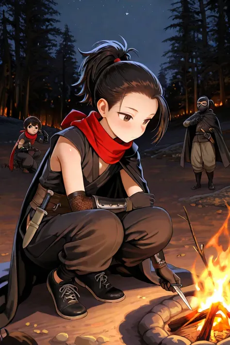 Leo, femboy, male, black hair, dark brown eyes, Asian, petite, large black cloak, heavy gloves, cute, running shoes, medieval, red scarf, ponytail, pulled back hair, short hair, ninja, dagger on waist, saggy pants, posing in Forrest, nighttime, beautiful s...