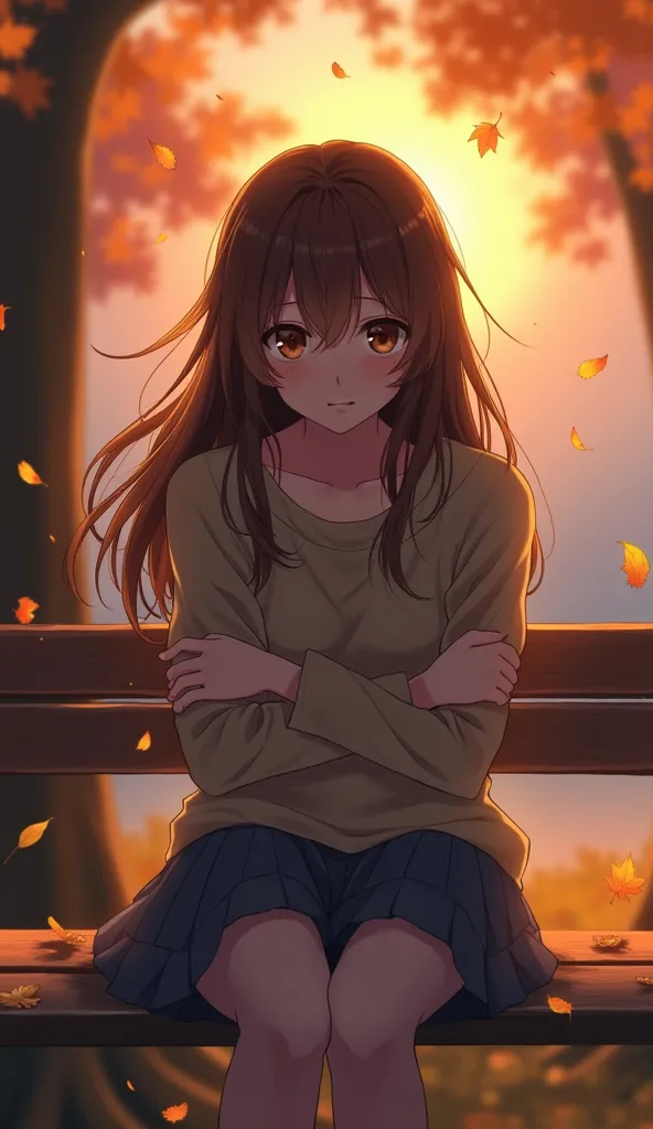 A detailed anime-style illustration of a 25-year-old woman sitting alone on a park bench at sunset, her arms wrapped around herself. Her deep brown eyes are filled with unspoken sorrow as she recalls the words that broke her heart. Her long, flowing hair s...