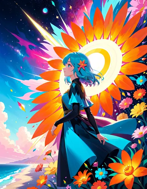 Design a visually captivating surreal ((cosmic)) masterpiece where celestial ((flowers)) are vibrant geometric shapes in a sea of ethereal pastel hues, each petal represents a distant galaxy, and the interplay of colors and patterns forms an otherworldly l...