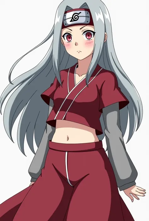 Catch Naruto Shippuden. fair-skinned girl. white eyes. long gray-red hair with the headband. body medium build. Naruto Shippuden anime red and gray costume. showing the stomach. with the air of Karin Uzumaki