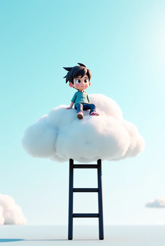 A dreamy, surreal scene featuring a stylized cartoon character sitting on a fluffy white cloud, positioned at the top of a tall black ladder. The character is facing the camera with a thoughtful and calm expression. The art style is highly polished 3D with...