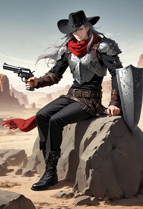 One adult Male, Black and Grey mid long hair, green Eyes, studded Leather armor with belts, black pants, red scarf, long red Muffler, black Western Hat , Holding a Modern silver Revolver, holding a Metal shield, Full Body view, prairie background, sitting ...