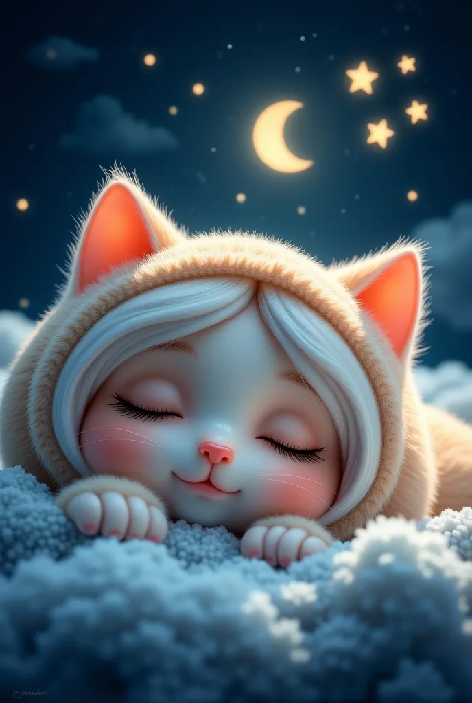 bébé fille câline un chaton, dormant les yeux fermés, fantaisie, fantaisie house, rêve-moi, Nuit nuageuse, croissant de lune, étoiles, nuages, profile picture, photographie miniature,  beautiful art uhd 4 k ,  charmant et fantaisiste , reflet de lumière, P...