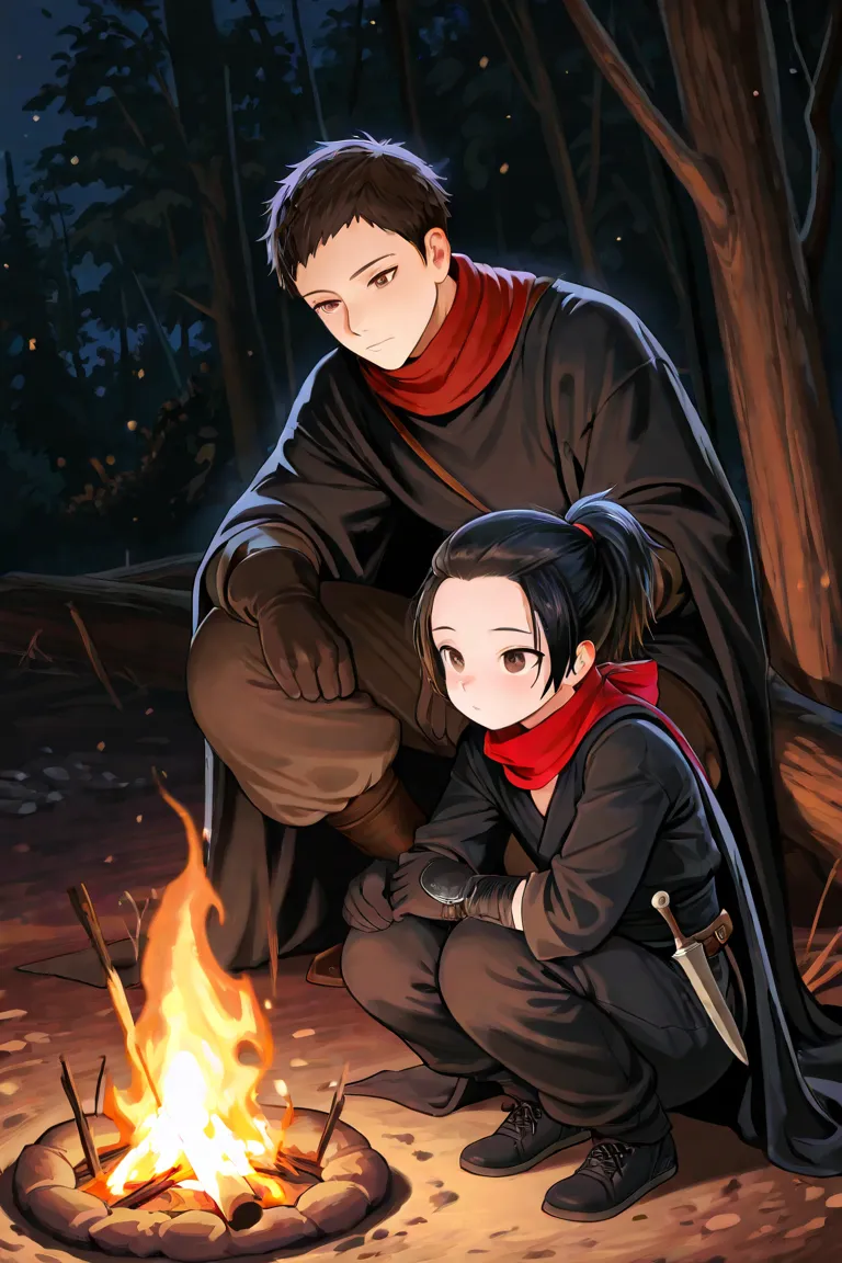 Leo, femboy, male, black hair, dark brown eyes, Asian, petite, large black cloak, heavy gloves, cute, running shoes, medieval, red scarf, ponytail, pulled back hair, short hair, ninja, dagger on waist, saggy pants, in Forrest during nighttime, beautiful sk...