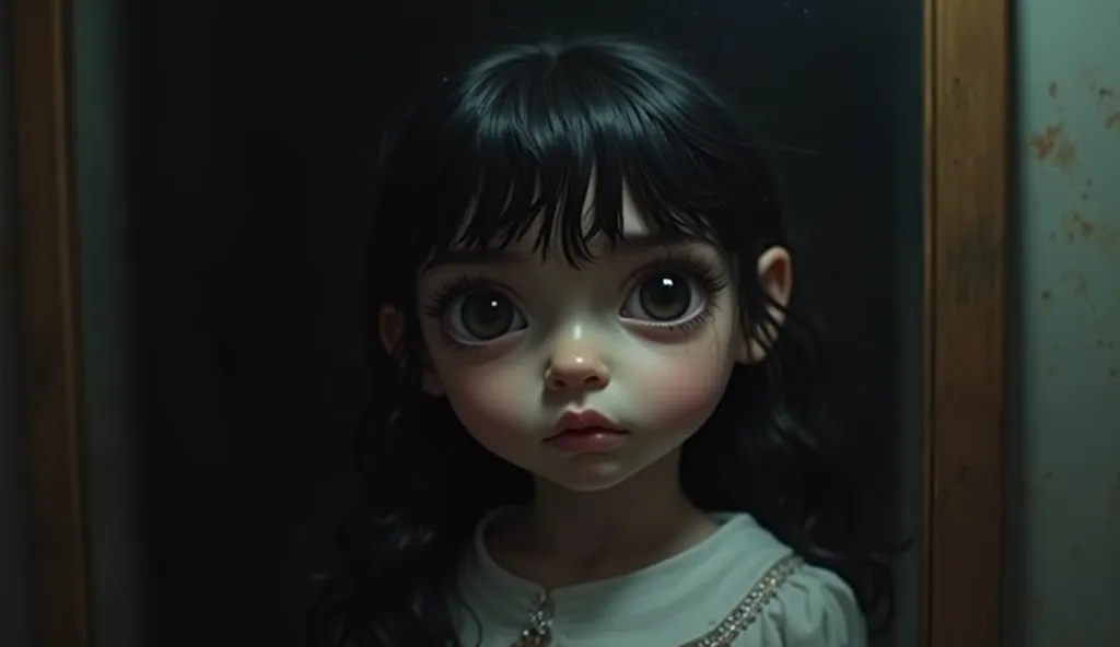 . "A girl ( a small  girl with long, curly black hair that often fell over her face. Her big, innocent eyes) staring at a mirror, her reflection smiling back unnaturally while she remains serious, horror atmosphere."

.. Cartoonish effect. HD. Realistic. H...