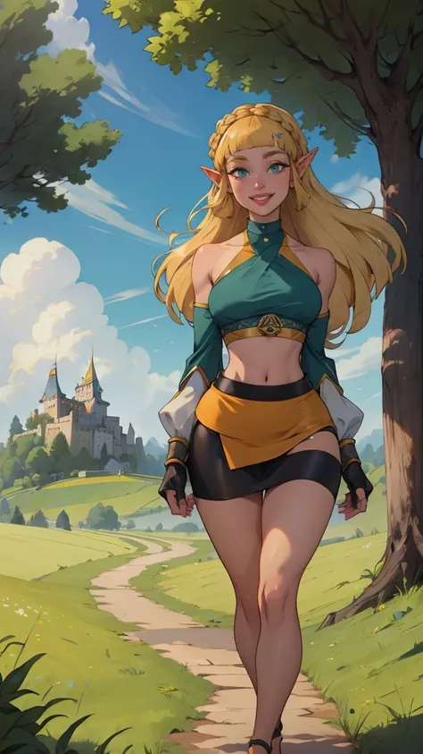 princess_zelda_aiwaifu, pointy ears, braid, hair ornament, hairclip, fingerless gloves, topless, (halter top), crown braid, long sleeves, (blunt bangs:1.5), green eyes, sidelocks, thick eyebrows, (mini skirt, tight skirt:1.4), upskirt, (big smile:1.3), (lo...