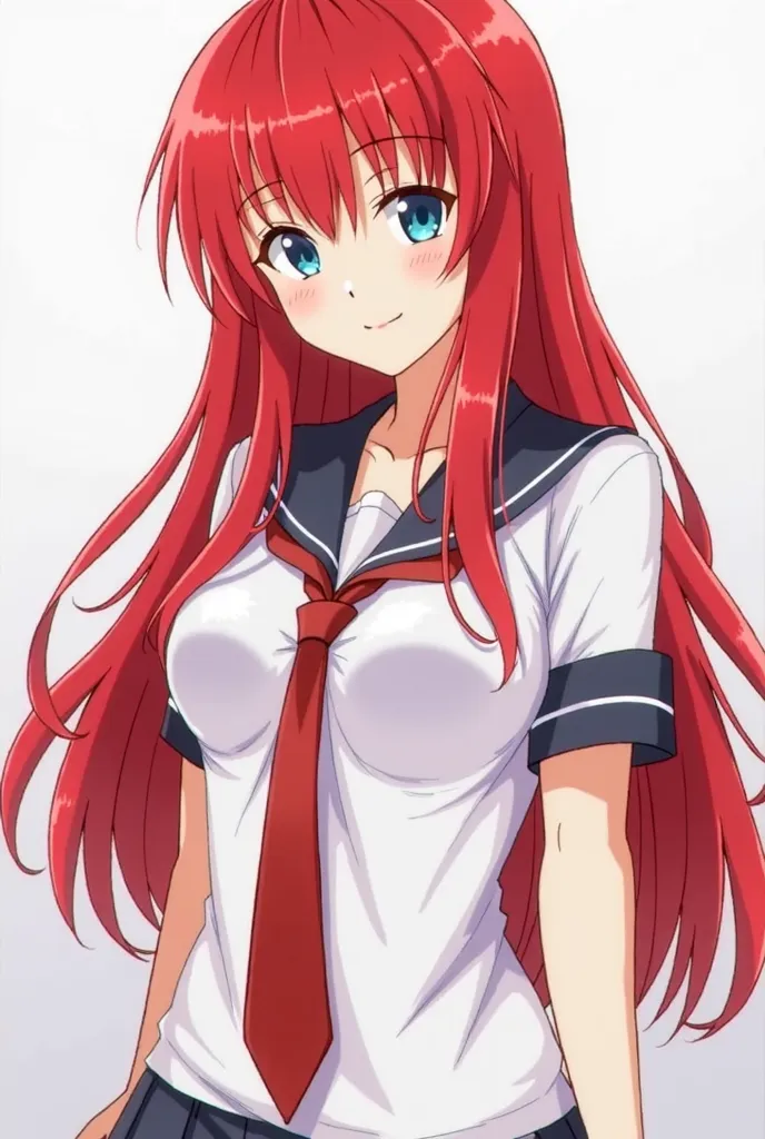 Ultra-realistic image.  Hair: long, smooth and voluminous, in a vibrant shade of red. The length goes to the middle of the back, with a slight wave at the ends.

face: Rias has a delicate face, with soft and feminine features. Her eyes are large and expres...