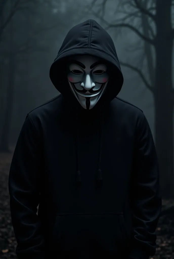 A mysterious figure wearing a Guy Fawkes mask (Anonymous mask) stands in a dark environment. The figure is dressed in a black hoodie with the hood up, creating a shadowy and ominous appearance. The background is dimly lit with soft lighting that highlights...