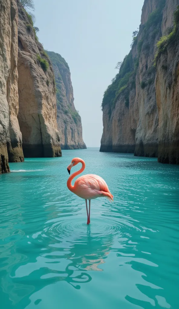 A pink flamingo stands in turquoA pink flamingo stands in turquoise waters surrounded by towering cliffs, creating a serene and mystical coastal scene.ise waters surrounded by towering cliffs, creating a serene and mystical coastal scene.