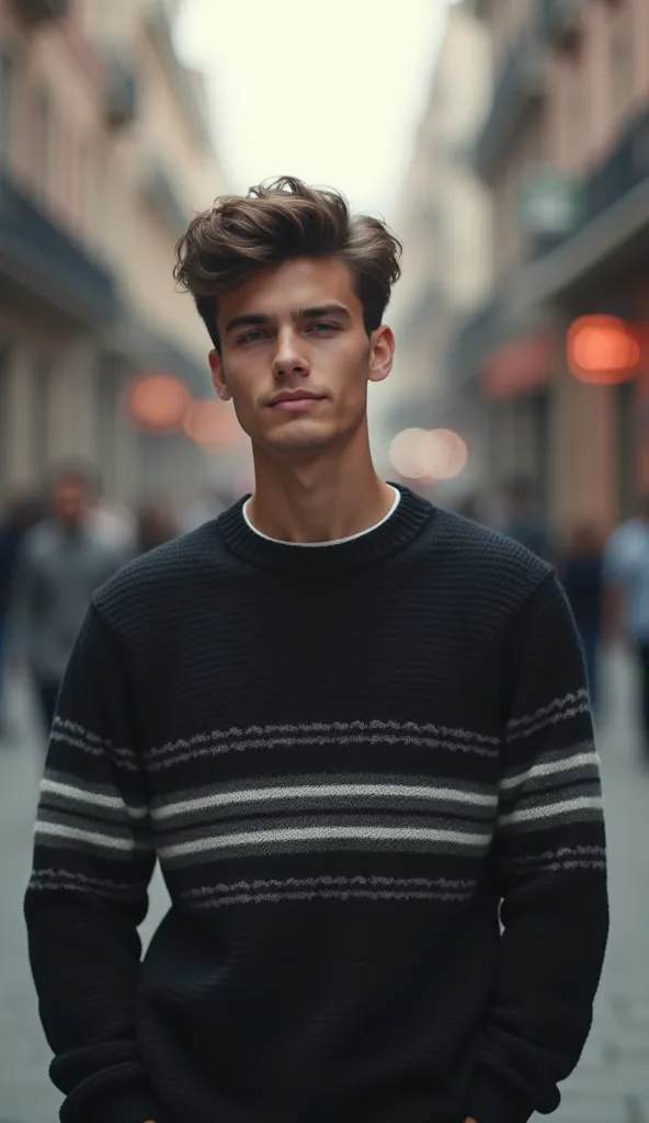 Adrián wearing a black and white sweater with a small smile closed his eyes and in the back he finds himself in the blurry street. 