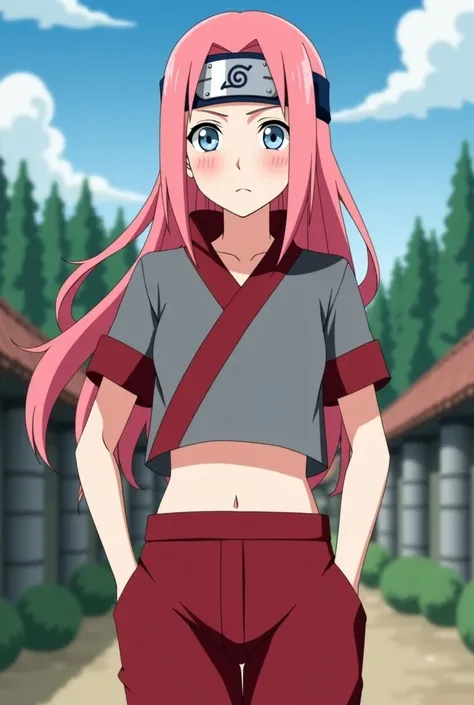 Catch Naruto Shippuden. fair-skinned girl. white eyes. long light red hair with headband. body medium build. Naruto Shippuden anime red and gray costume. showing the stomach. The upper part short sleeve and attached to the body. flared pants. with the air ...