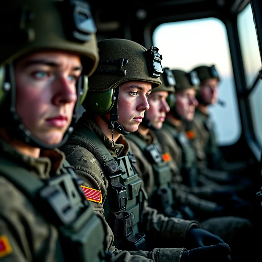 Create a hyper-realistic photograph capturing a poignant moment inside a British army war helicopter, as 18-year-old soldiers are being taken to combat. The scene is filled with a palpable sense of sadness and tension, evident in the soldiers' emotional ex...