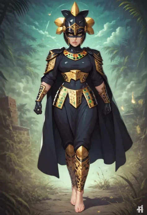 1 girl, cartoon style, serious gesture, Cartoon carácter, comic style, Full body, incredible image at sunset, black eyes mask, wind, a fantastic and surreal setting of a world shrouded in darkness and lies, baggy clothes under her armor, ceremonial war pai...