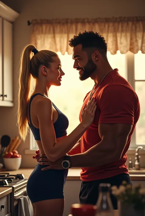 cena:  a young Caucasian woman  (18 years old) ,blonde , gymnast and athlete with six pack abs together with her stepfather, a black man (45 years old) jovial ,Muscular, Talking in the relaxed kitchen