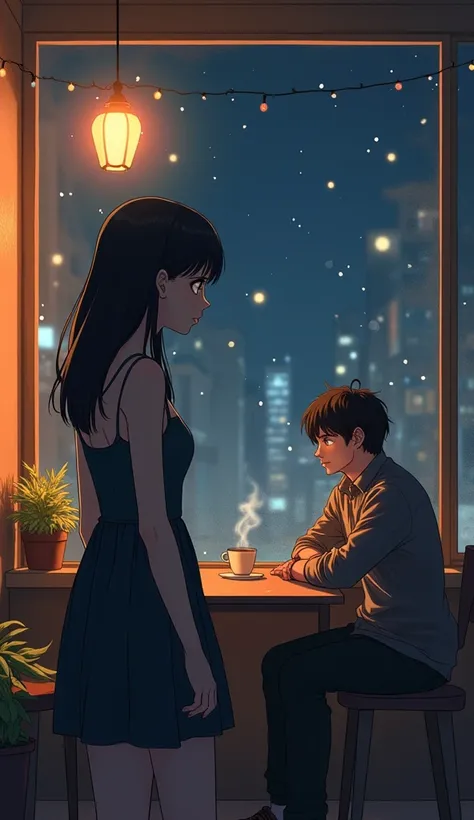 A detailed anime-style illustration of a 24-year-old woman standing on the opposite side of a quiet café, her gaze locked on a familiar face. The man she once loved sits near the window, engaged in conversation with someone else. His profile, unchanged fro...