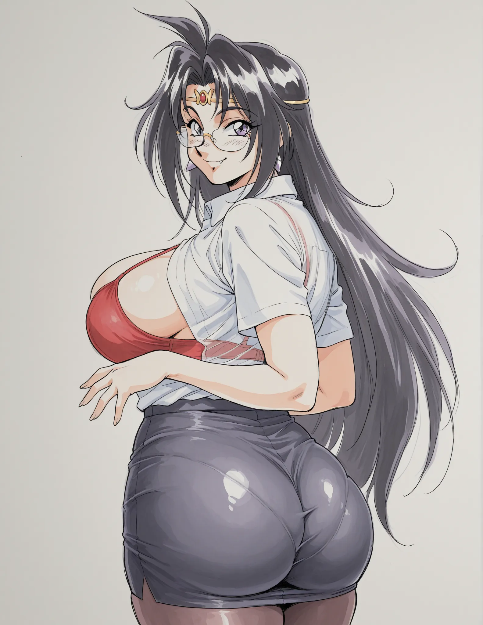 1girl, ((solo, alone)),  naga the serpent, purple eyes, retro artstyle, 1990s \(style\) , black hair, smile, fang, white shirts, collared shirt , tite pencil skirt, glasses, red race bra, bralines, pantyhose, teaching, pantylines,huge breasts, huge butt, c...