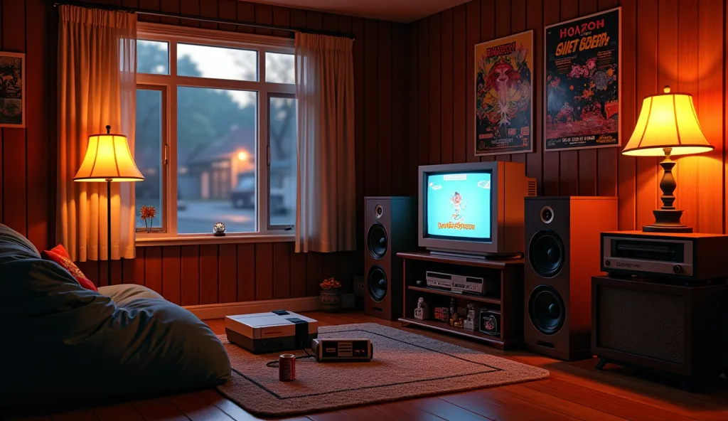 A nostalgic 1980s bedroom or living room with warm, cozy lighting and dark wooden paneled walls, capturing the essence of the era. At the center, a classic CRT television sits on a vintage wooden TV stand, displaying an 8-bit game from the time. Below the ...