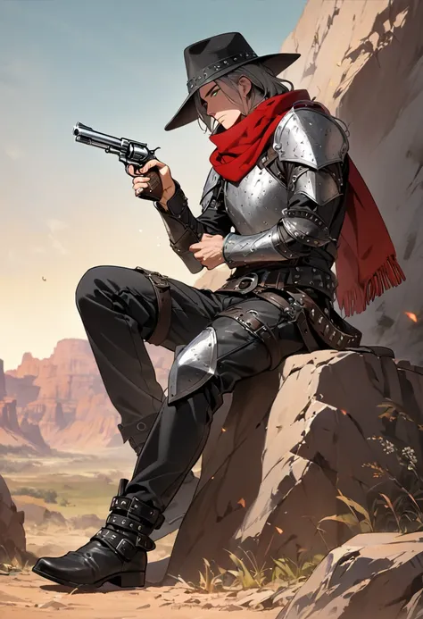 One adult Male, Black and Grey mid long hair, green Eyes, studded Leather armor with belts, black pants, red scarf, long red Muffler, black Western Hat , Holding a Modern silver Revolver,  large Metal shield is attached to his arm, Full Body view, prairie ...