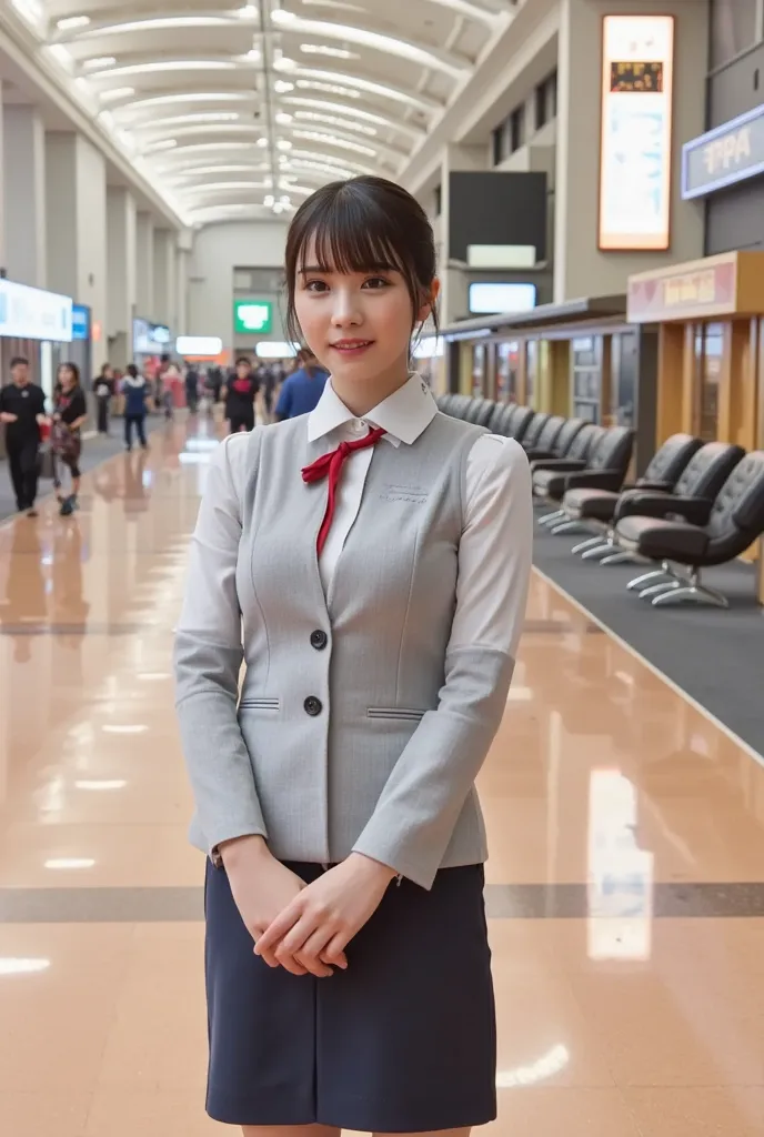 A young and beautiful Japanese female flight attendant sits in her seat in an airplane. Ultra high resolution, super quality photo.