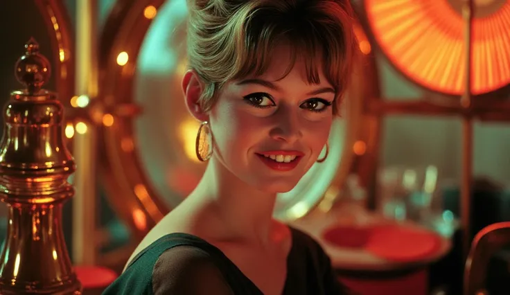 beautiful sexy woman smiling 1950's style in a dancing retro futurism decor