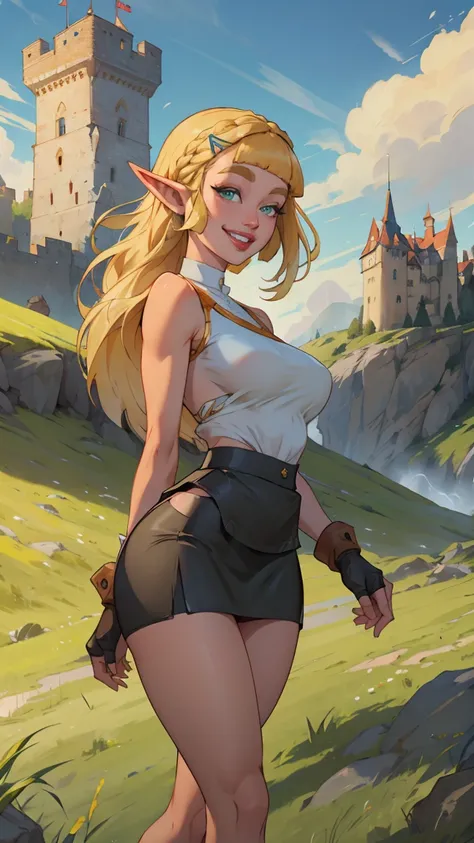 princess_zelda_aiwaifu, pointy ears, braid, hair ornament, hairclip, fingerless gloves, ((topless)),crown braid, (blunt bangs:1.5), green eyes, sidelocks, thick eyebrows, (mini skirt, tight skirt:1.4), upskirt, (big smile:1.3), (long blonde hair:1.2), shor...