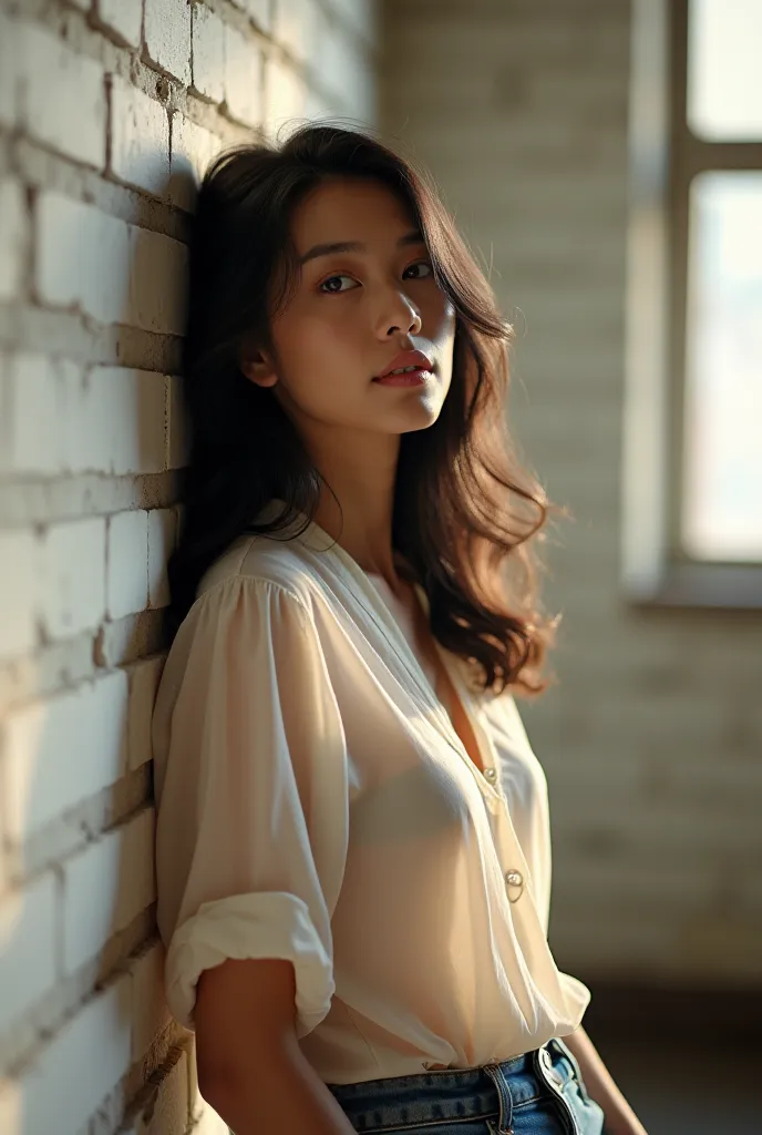 Morning Sun

"A stunning, photorealistic cinematic portrait of a  indonesia woman with soft, natural beauty, leaning against a rustic white brick wall. She wears a semi-transparent, short-sleeved blouse just like a jacket and well-fitting blue jeans. Her l...