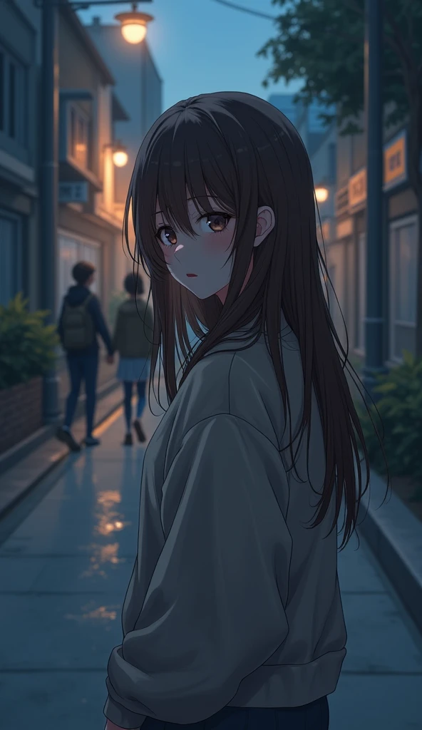 A melancholic anime-style illustration of a 23-year-old woman walking past a couple holding hands on a quiet city street. Her head is slightly bowed, her long brown hair covering her face as she fights back emotions. The man in the distance is someone she ...