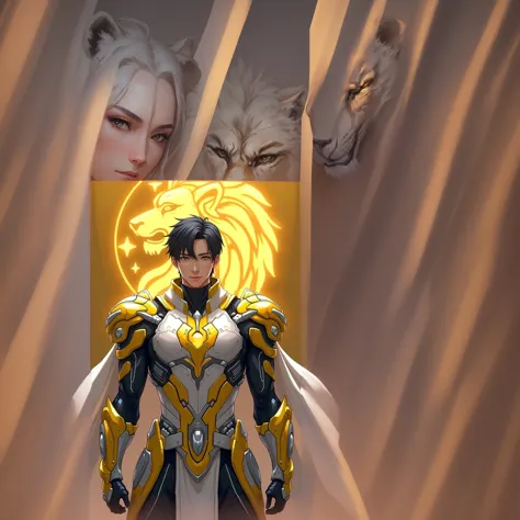 close-up shot of a man in armor with a lion on the background, gold Paladin, a human male Paladin, arsen lupin as a Paladin, male Paladin, , Gulian art style ,  Hayse Jinyao , Paladin, key king from the game Genshin Impact, Drawings of the Knights of the Z...