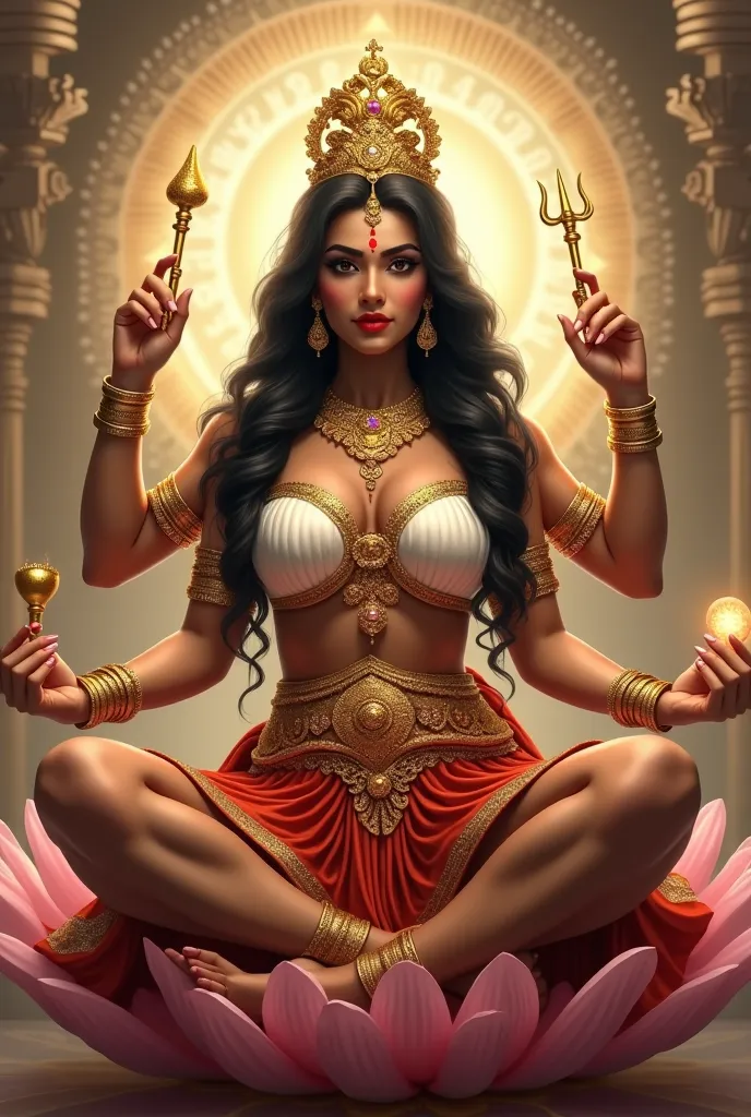 stunningly realistic 45-year-old Indian goddess with a voluptuous, curvy figure and large, full breasts, Hindu goddess, blending divine elegance with sensual beauty. She has long, flowing black hair adorned with a golden crown (mukut) encrusted with precio...