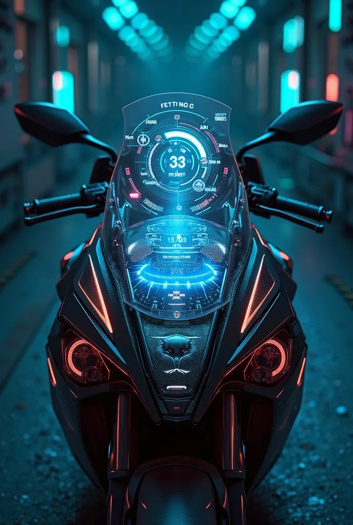 Create a hyper-detailed futuristic motorcycle meter console design with a sleek, aerodynamic carbon-fiber dashboard and a curved Gorilla Glass OLED touchscreen at the center. Floating above the windshield is a translucent holographic HUD projecting speed, ...